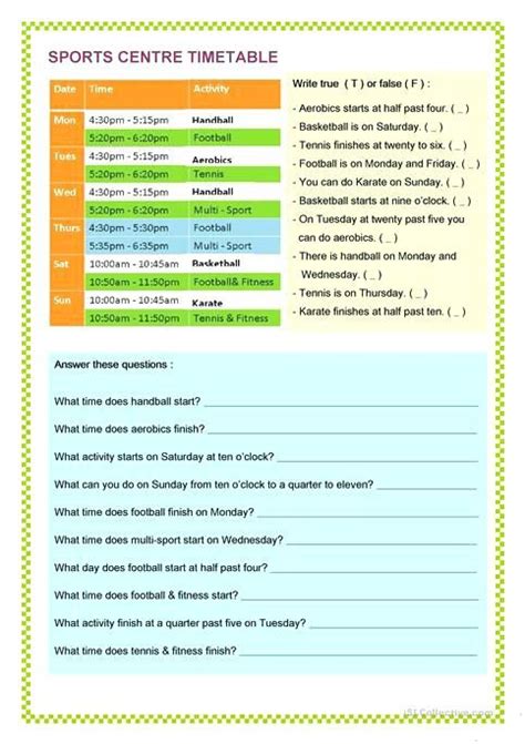 Check spelling or type a new query. sports centre timetable worksheet free printable ...