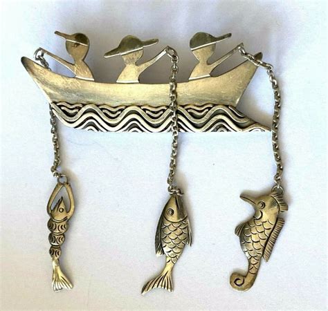 Sterling Silver 3 Fishermen Fishing Boat Lobster Seahorse Fish Catch