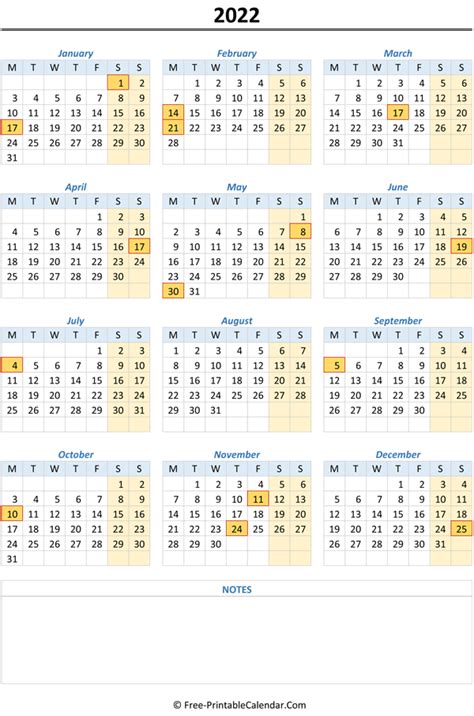 Holidays Calendar 2022 Vertical Calendar Quickly Free Download