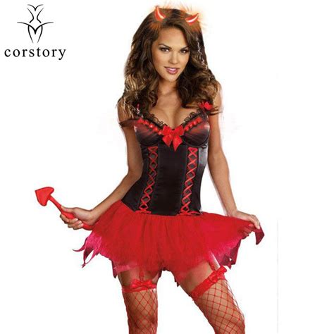 Corstory Sexy Red Lace Up Devil Costume Adult Halloween Demon Girsl