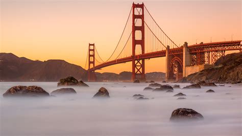 Marshalls Beach With Golden Gate Bridge At Sunset San Francisco