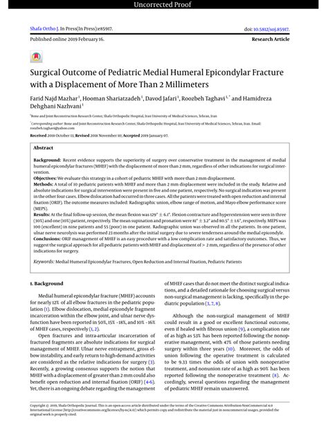 PDF Surgical Outcome Of Pediatric Medial Humeral Epicondylar Fracture