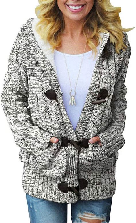 Aleumdr Womens Cardigan Chunky Knit With Hood Cable Knit Lined Grey