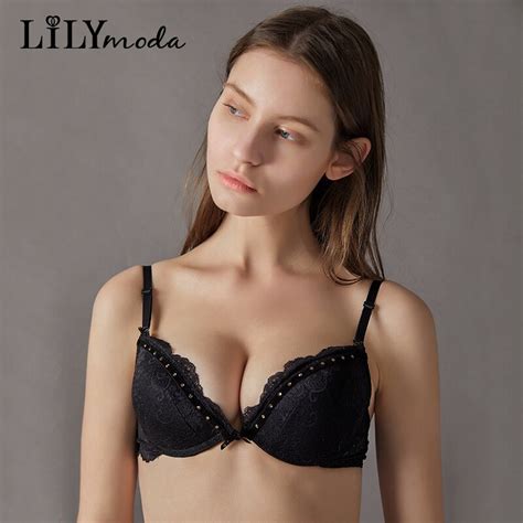 lilymoda 2018 new women s luxury lace rhinestone decoration bra deep v push up 3 4 cup brassiere