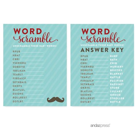This ¡§baby word scramble¡¨ includes 20 different words to unscramble and 2 answer keys! Word Scramble Lil Man Mustache Boy Baby Shower Games, 20 ...