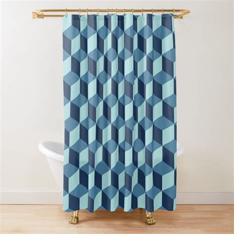 Isometric Cubes Pattern 002 Cyan Navy Blue Shower Curtain By