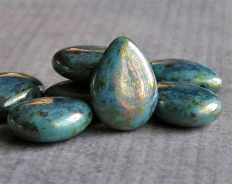 Turquoise Bronze Picasso Czech Glass Bead 12x16mm Pear Shape Etsy