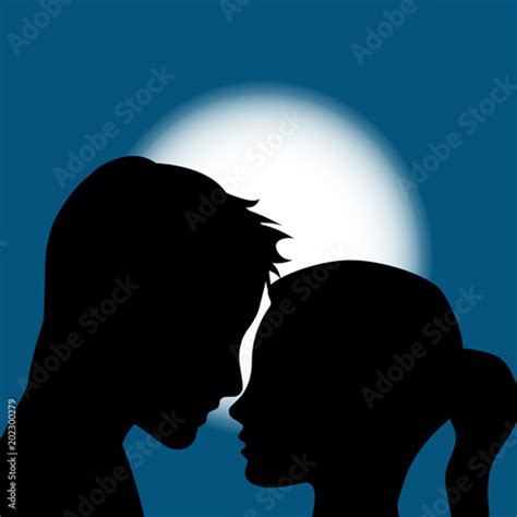Vector Illustration Lovers Silhouette Of Man And Woman With Moon