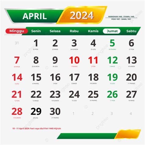 Kalender April 2024 Lengkap Dengan Tanggal Merah Libur Nasional Vektor