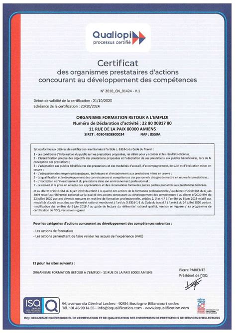 Certification Nationale Qualiopi Ofre Formation Amiens