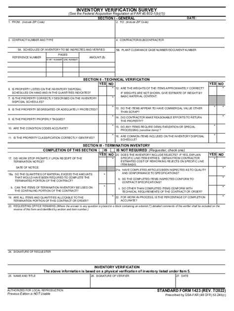 Fillable Online Standard Form 1423 Inventory Verification Survey Fax