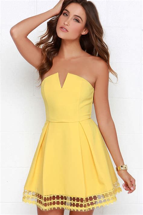 Pretty Yellow Dress Strapless Dress Embroidered Dress 5600 Lulus