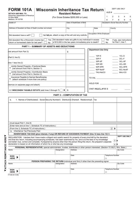Form 101a Wisconsin Inheritance Tax Return Printable Pdf Download