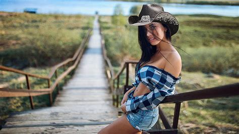 Cowgirls Folly Daisy Dukes Hats Cowgirl Ranch Lake Outdoors Brunettes Hd Wallpaper