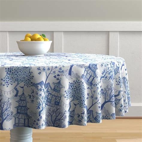 Chinoiserie Round Tablecloth Pagoda Forest In Blues By Danikaherrick