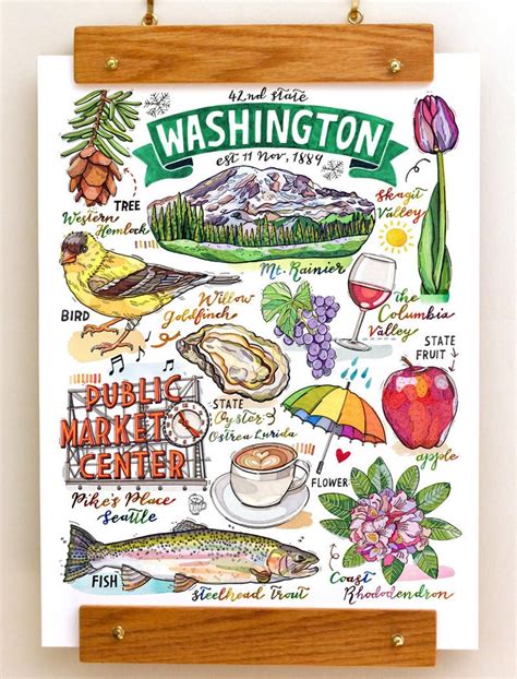 Washington State Print Illustration The Evergreen State Etsy