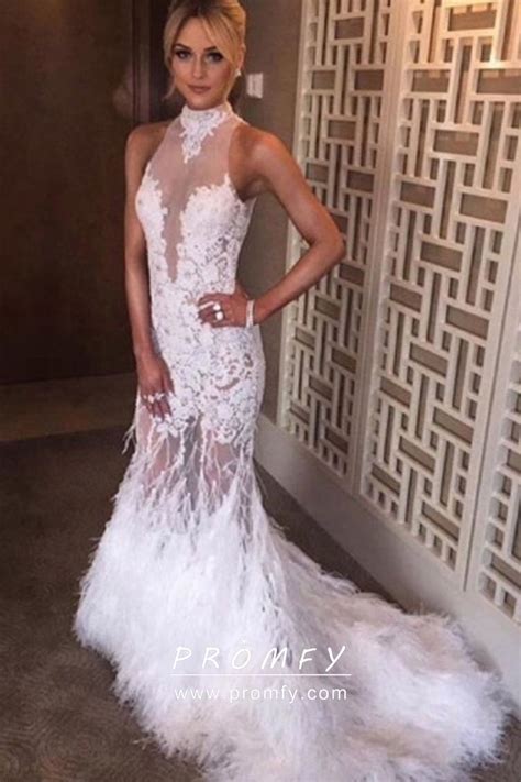 Sexy White Lace And Feather High Neck Sheer Prom Gown Promfy