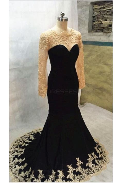 Long Black Mermaid Gold Lace Appliques Long Sleeves Prom