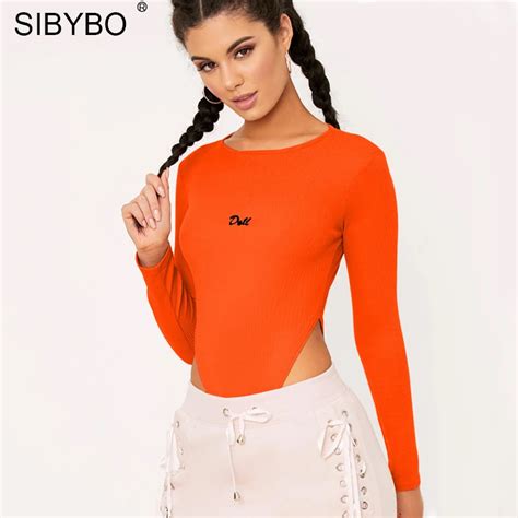 Sibybo Letter Print Skinny Sexy Women Bodysuit New Fashion Long Sleeve O Neck Rompers Womens