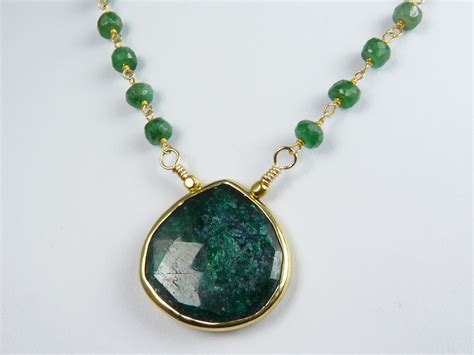 Genuine Large Emerald Necklace Bezel Set In Gold By Razzlebedazzle