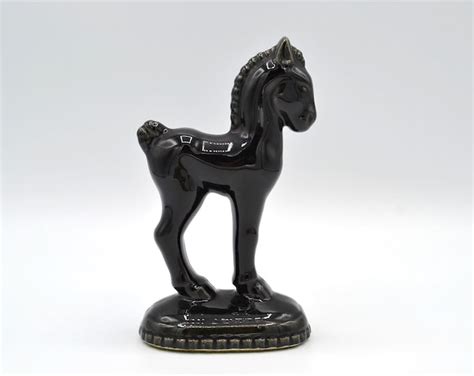 Vintage Black Horse Figurine Mosser Deco Trojan Pony Shiny Black Glaze