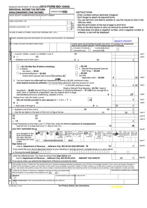 Fillable Form M0 1040a Individual Income Tax Return Singlemarried