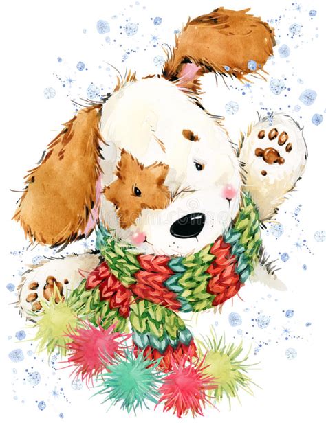 How to draw a cartoon christmas dog! Cute Cartoon Puppy Watercolor Illustration. Dog Year ...