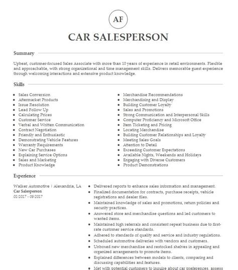 Car Salesperson Resume Example