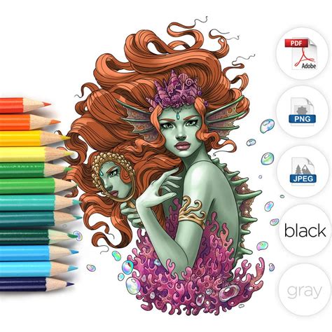 Adult Coloring Page Sea Monster Mermaid Line Art Etsy