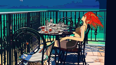 Wallpaper Redhead Balcony Anime Girls Cafe X Adelalinka