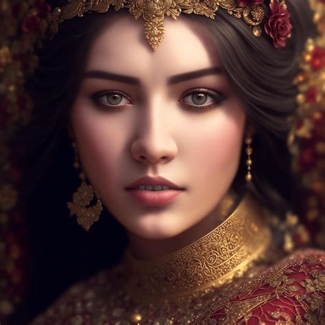 Premium Ai Image A Woman With A Gold Dress And Red Flowers On Her Head