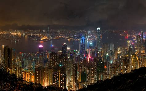Papel De Parede Luzes Paisagem Urbana Hong Kong Noite Horizonte Arranha Céu Tarde Rio