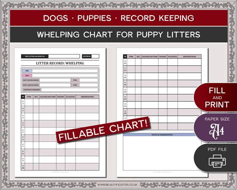 Fillable A4 Puppy Whelping Chart For Dog Breeders Birth Etsy Canada