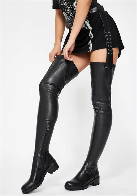 Azalea Wang Thigh High Belted Vegan Leather Boots Black Thigh High
