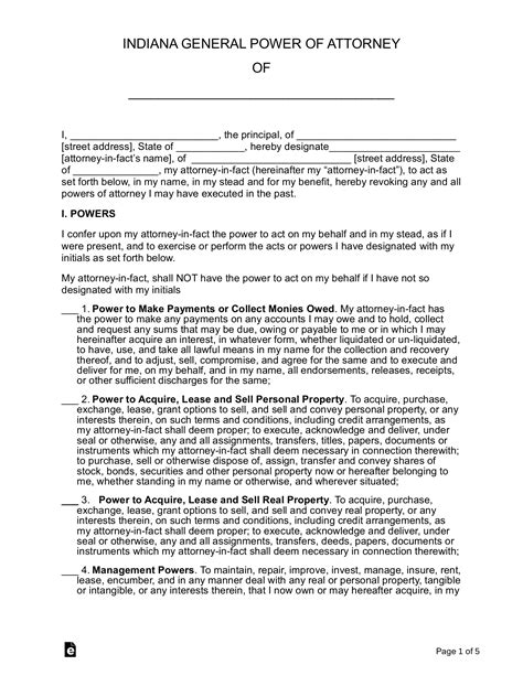 Free Indiana General Power Of Attorney Form Pdf Word Eforms