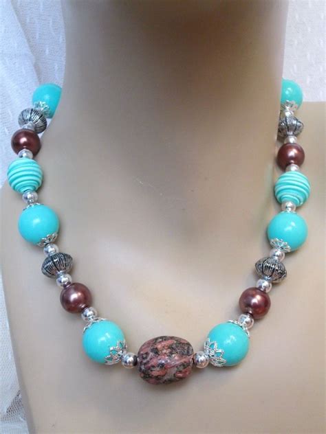 Teal Turquoise Vintage Style Ab Beaded Necklace Handmade Pearl Lucite