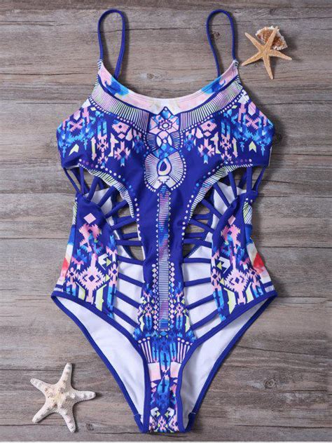 Tribal Backless Swimsuit With Ladder Detail Blue One Pieces L Zaful