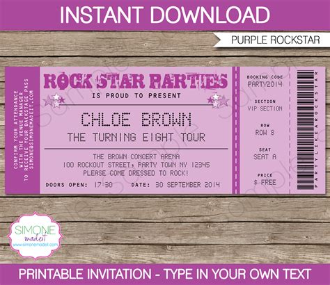 rock star party ticket invitations template purple