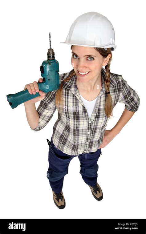 Young Woman Holding Hammer Drill Hi Res Stock Photography And Images