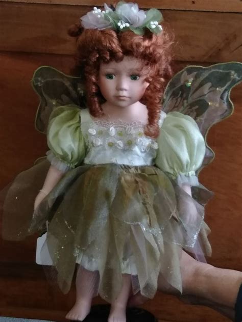 Porcelain Green And White Fairy Doll On Stand With Red Hair By Geppeddo