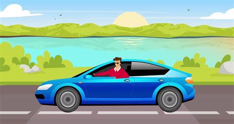 Young Man Driving Sedan Flat Color Vector Illustration Happy Driver In