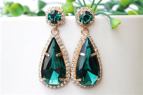 Emerald Earrings Emerald Drop Earrings Deep Green Emerald Statement