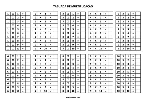 Tabuada De Multiplicação Do 1 Ao 10 Para Imprimir E Completar