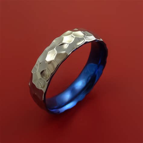 Hammered Titanium Ring With Interior Anodized Sleeve Custom Made Mens