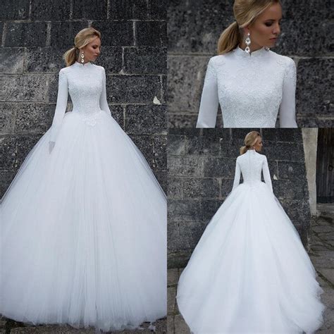 White Muslim Wedding Dresses 2019 Ball Gown High Neck Long Sleeves Bridal Gown Vestido De Novia