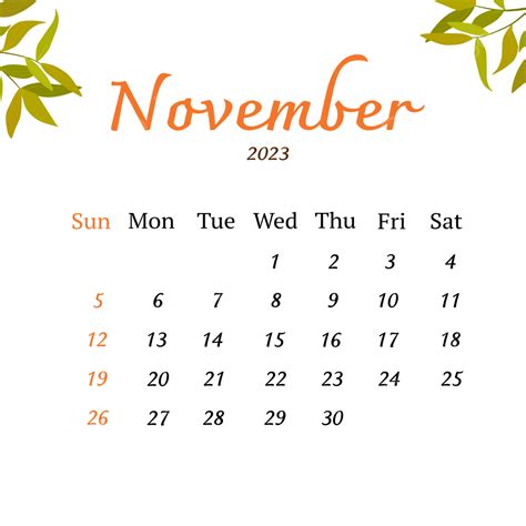 Calendar November 2023 With Leaves Calendar November 2023 November