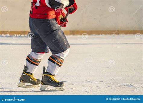 Hockey Player On The Ice Skate Rink Close Up Shot Winter Activities F