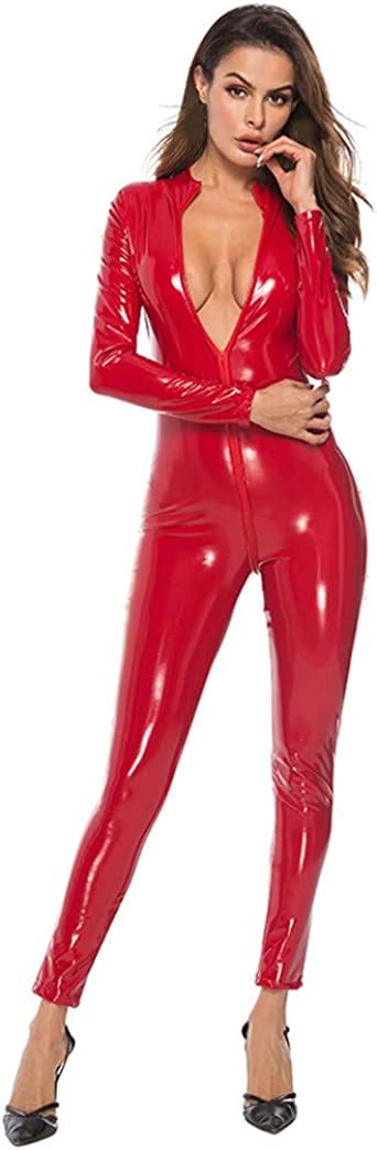 Womens Sexy Leather Wet Look Cat Suit Jumpsuit Lingerie