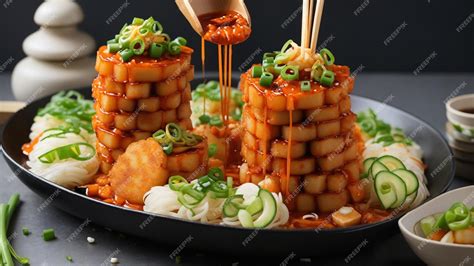 Premium AI Image | korean food menu Tteokbokki Tower Spice Up Your Life