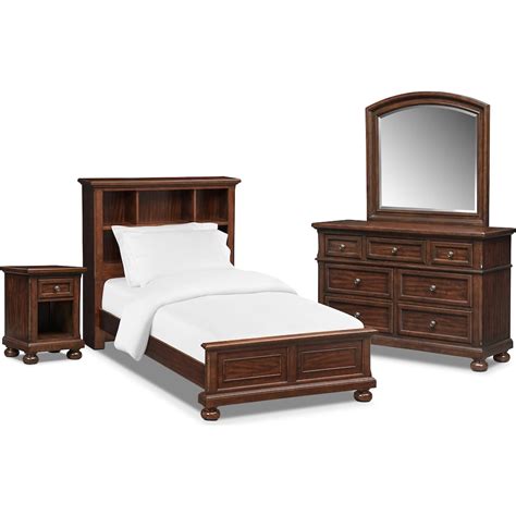 Hanover Youth 6 Piece Full Bookcase Bedroom Set With Nightstand Dresser And Mirror Cherry